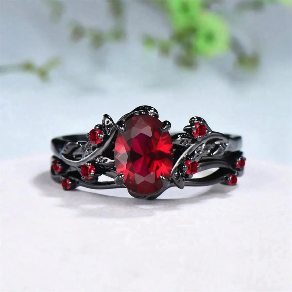 Gothic Oval Crystal Statement Ring Set With Ornate Dark Fantasy Design