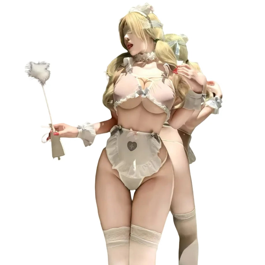 Whimsical Pastel Ruffled Apron Lingerie Set with Heart Cutout Detail