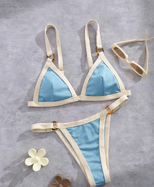 Textured Taupe Bikini with Contrast White Piping and Hardware Accents