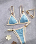 Textured Taupe Bikini with Contrast White Piping and Hardware Accents