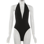 Plunge Halter Mesh Panel Backless Bodysuit for Gothic Alternative Fashion