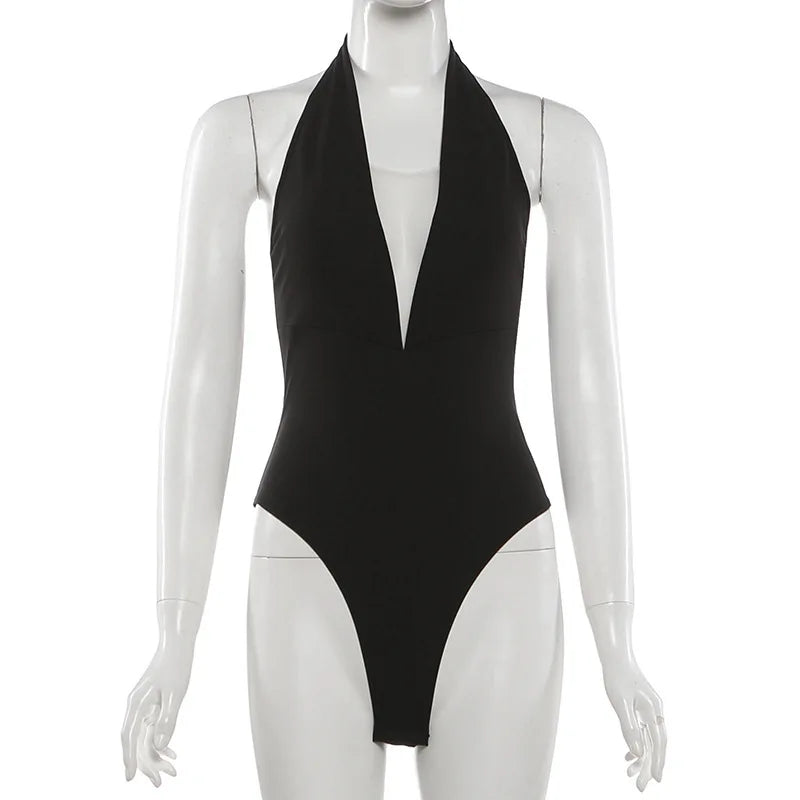 Plunge Halter Mesh Panel Backless Bodysuit for Gothic Alternative Fashion