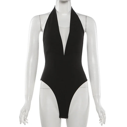 Plunge Halter Mesh Panel Backless Bodysuit for Gothic Alternative Fashion