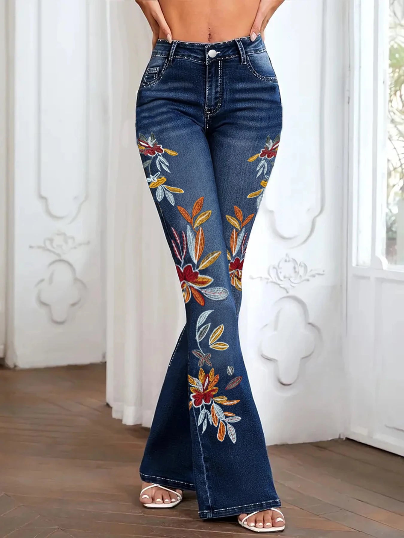 Women's Mid-Rise Floral Embroidered Flare Denim Jeans with Stretch Vintage-Inspired Wide-Leg Silhouette