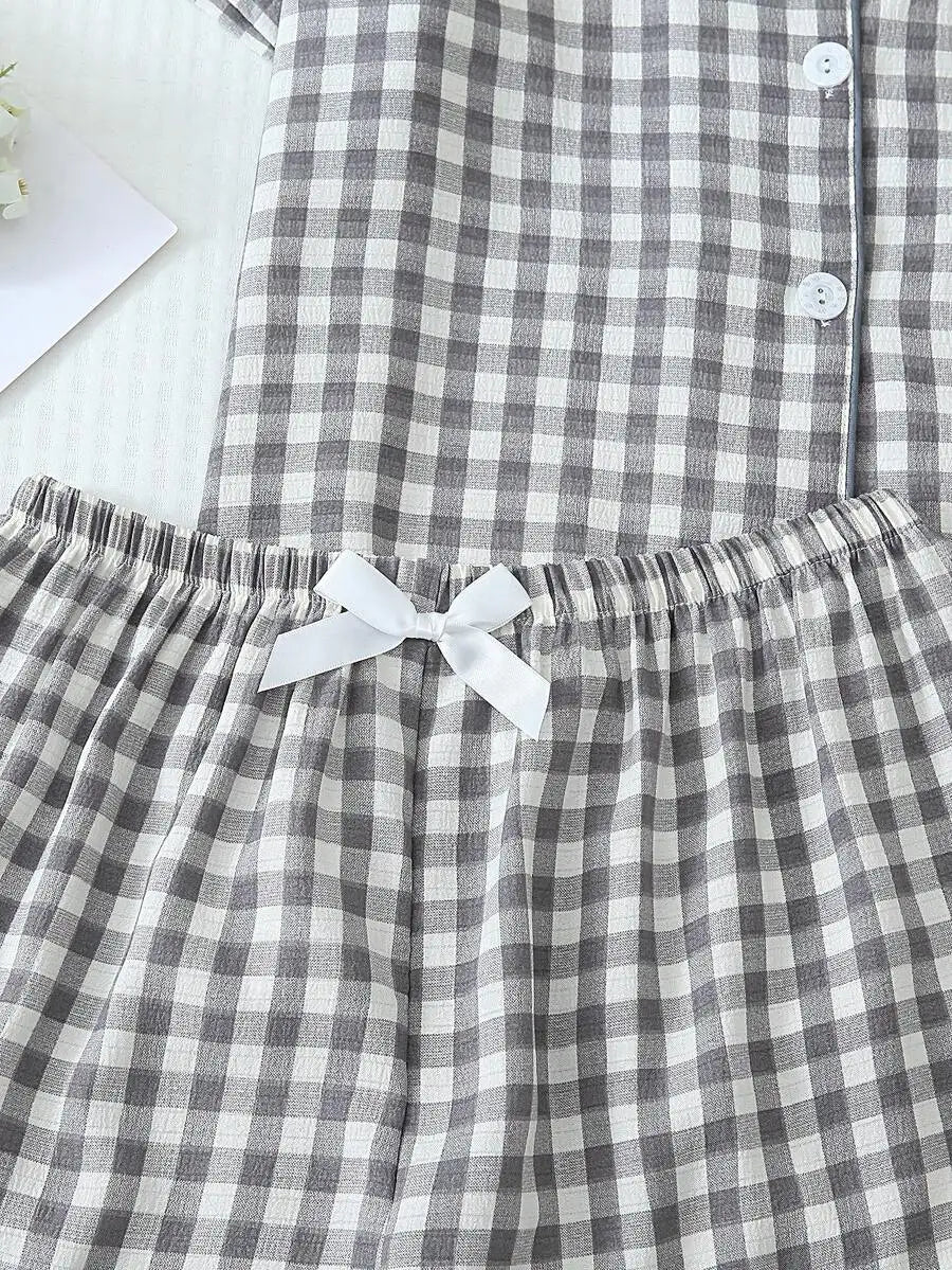 Women's Plaid Short Sleeve Pajama Shorts Co-Ord Set Lightweight Sleepwear
