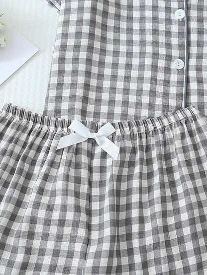 Women's Plaid Short Sleeve Pajama Shorts Co-Ord Set Lightweight Sleepwear