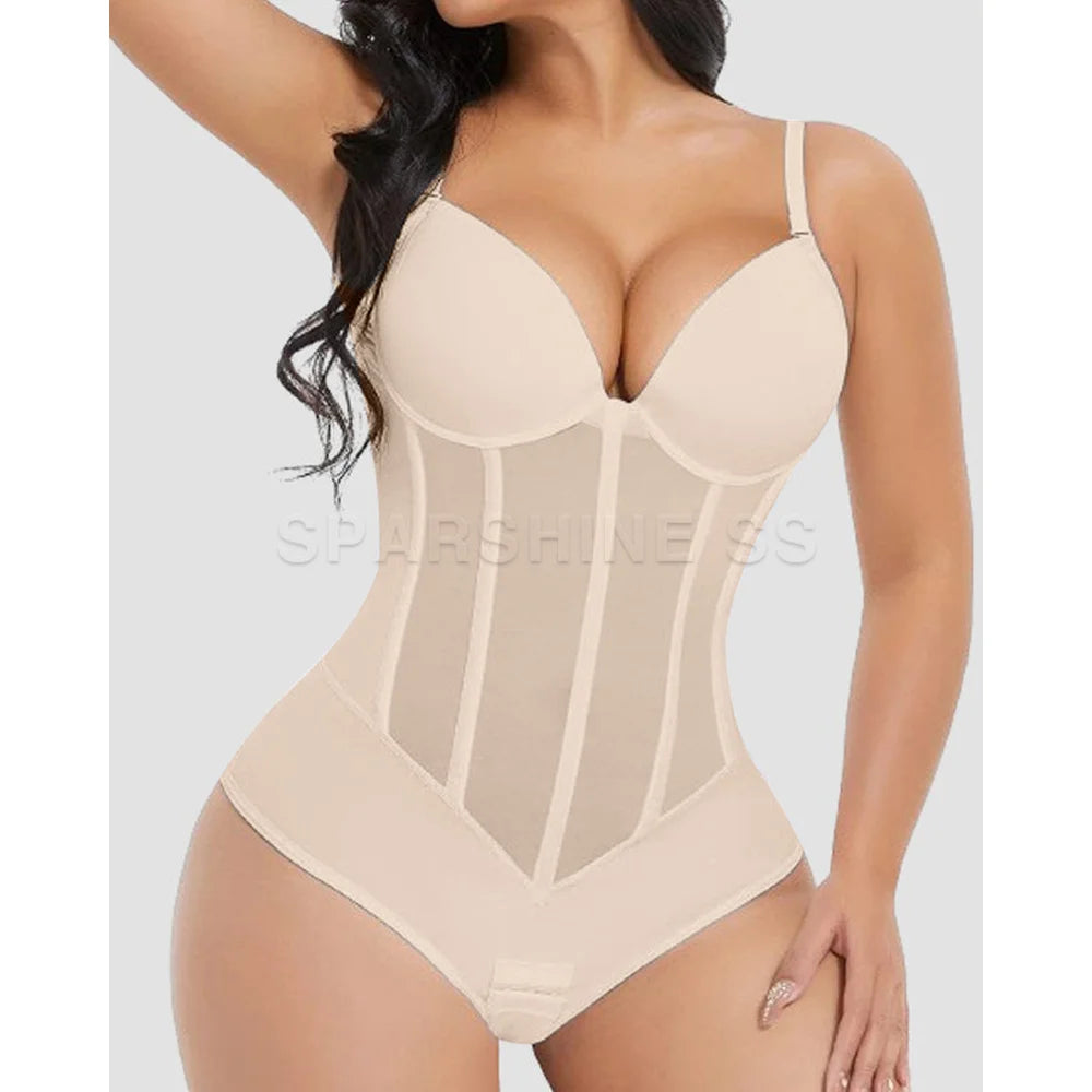 Plunging V-Neck Bodysuit with Vertical Sheer Paneling and Defined Bust Contour