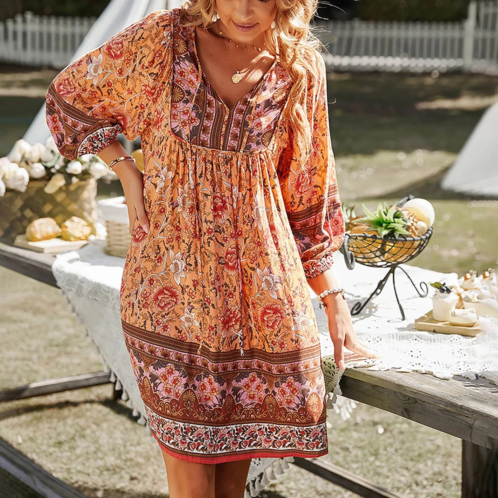 Bohemian Print Mini Dress With Relaxed Fit And Flowing Sleeve Detail