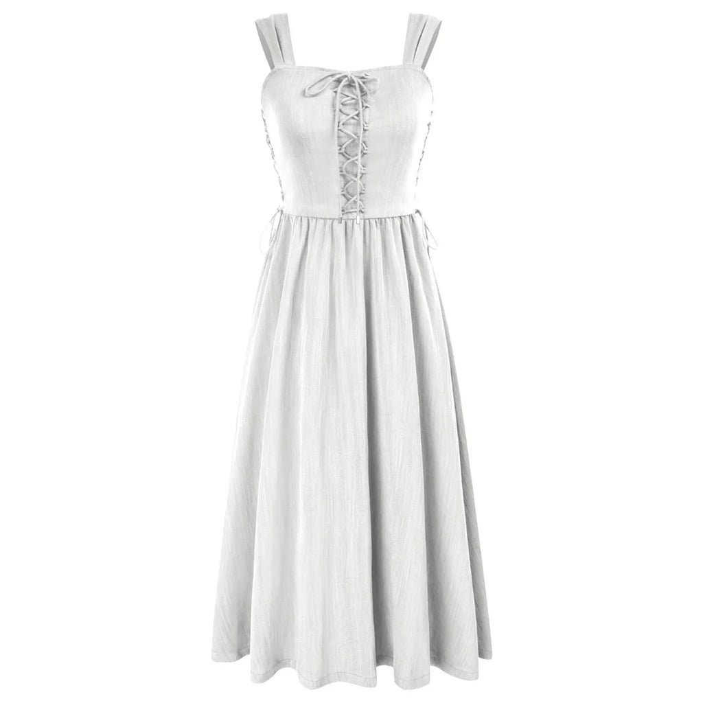 Rustic Lace-Up A-Line Dress with Wide Straps and Gathered Skirt