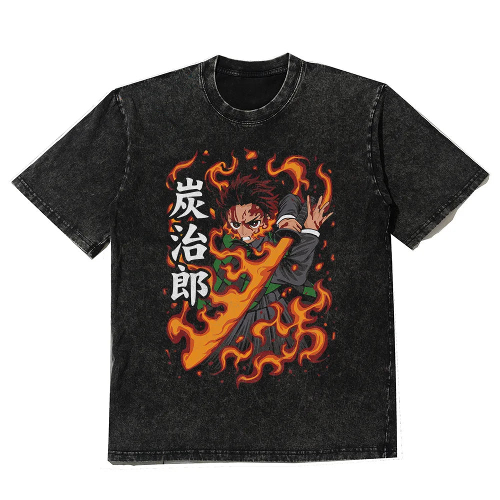 Flame Warrior Manga Oversized Vintage Washed Streetwear Graphic T-Shirt