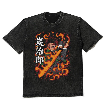 Flame Warrior Manga Oversized Vintage Washed Streetwear Graphic T-Shirt