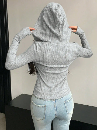 Women's Lightweight Ribbed Zip-Up Hoodie with Relaxed Everyday Casual Layering Style