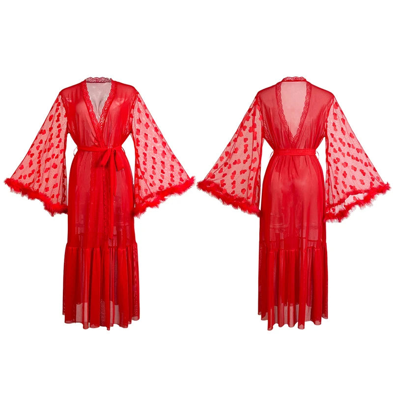 Dramatic Sheer Red Mesh Robe with Flowing Bell Sleeves and Lace Edging