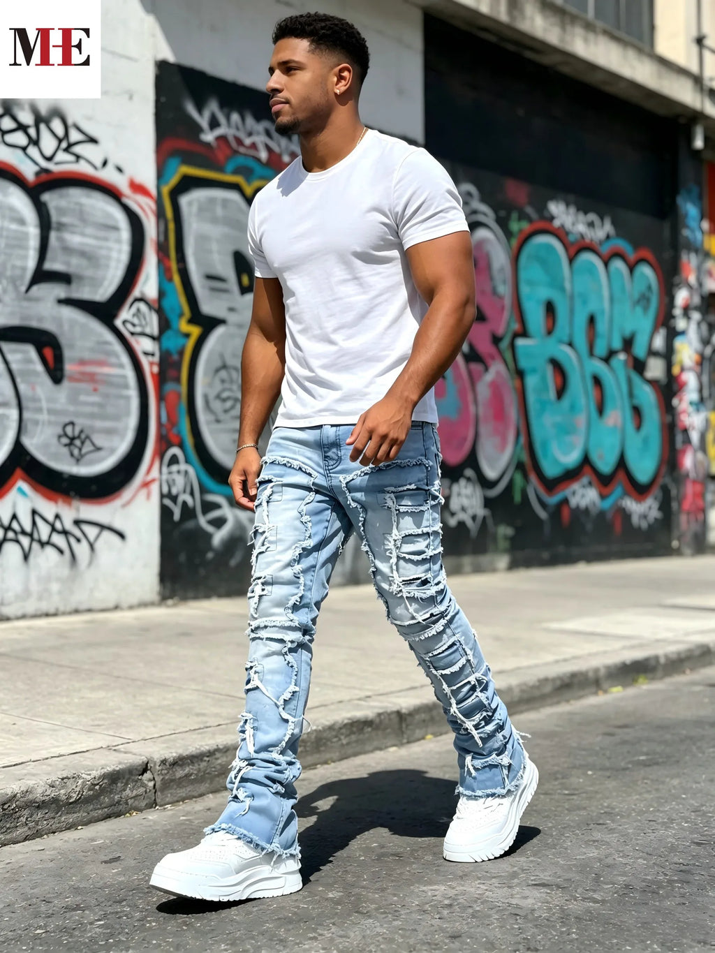 Men's Stacked Straight Denim Jeans with Frayed Distressed Details and Vintage Streetwear Fit