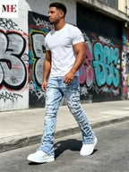Men's Stacked Straight Denim Jeans with Frayed Distressed Details and Vintage Streetwear Fit
