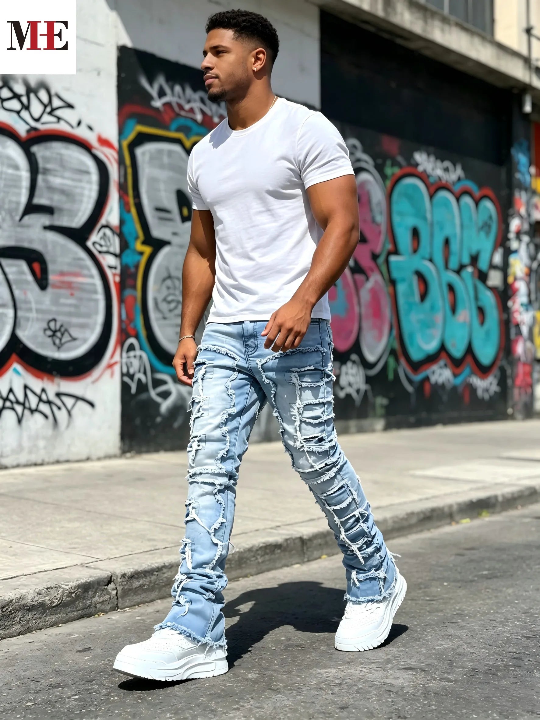 Men's Stacked Straight Denim Jeans with Frayed Distressed Details and Vintage Streetwear Fit