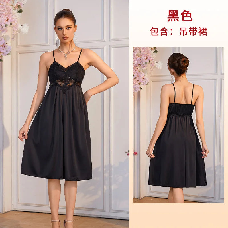 Sleek Black Satin-Finish Chemise Nightdress with Sheer Lace Bodice Patchwork