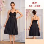 Sleek Black Satin-Finish Chemise Nightdress with Sheer Lace Bodice Patchwork