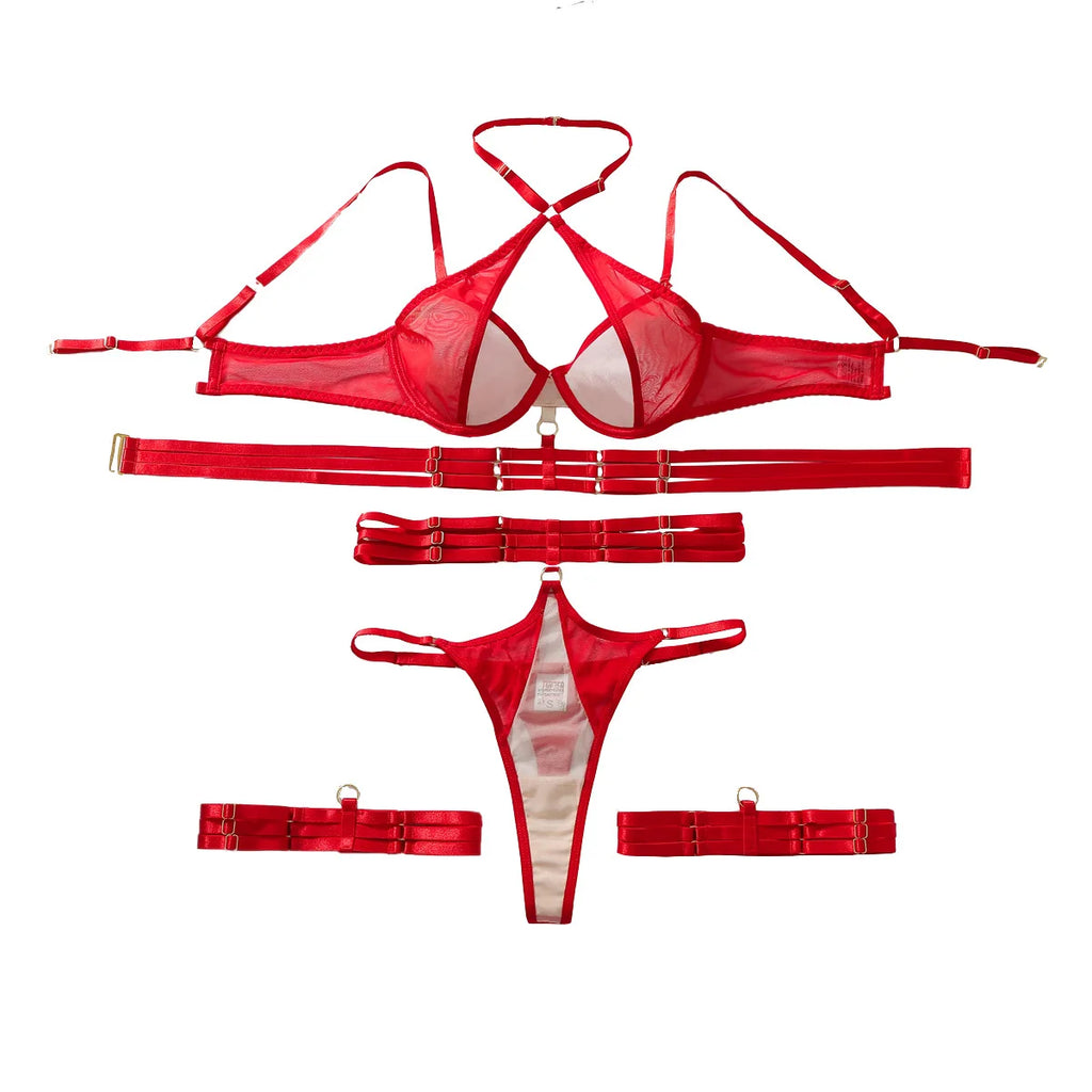 Fierce Red Strappy Sheer Mesh Underwire Harness Lingerie Set