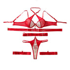 Fierce Red Strappy Sheer Mesh Underwire Harness Lingerie Set