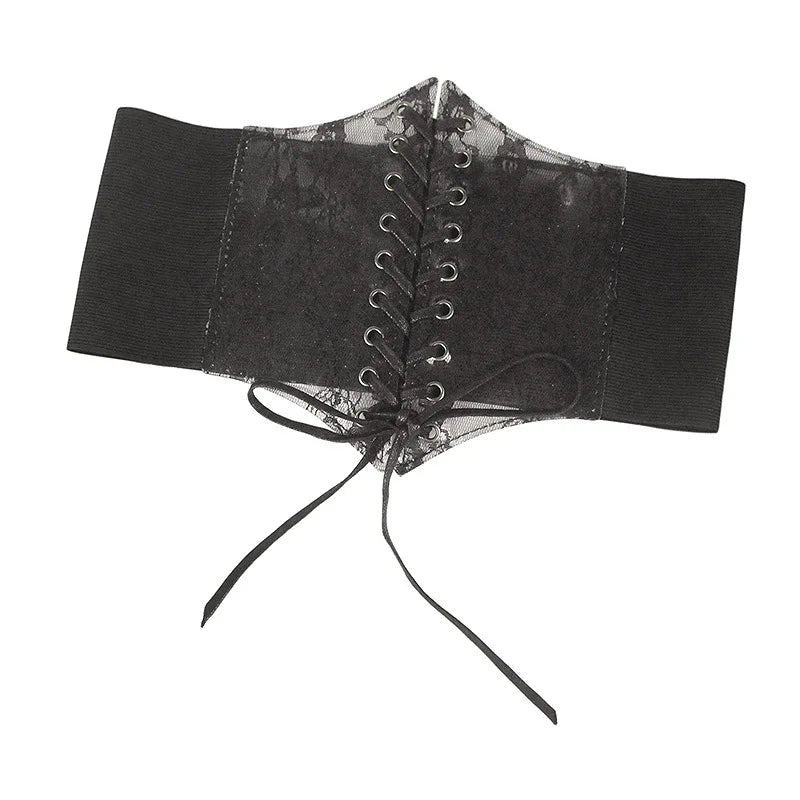Sheer Lace Corset Belt with Lace-Up Front and Structured Waist Design