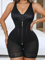 V-Neck Sculpted Bodysuit with Multi-Row Hook Closure and Sheer Leg Paneling