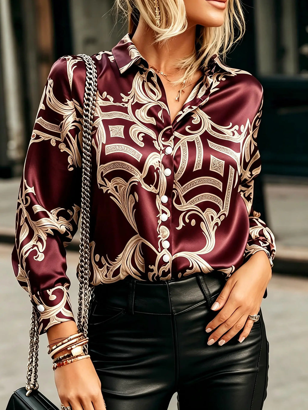 Bold Baroque Scroll Print Button-Down Blouse with Luxurious Satin Finish