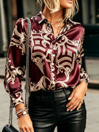 Bold Baroque Scroll Print Button-Down Blouse with Luxurious Satin Finish