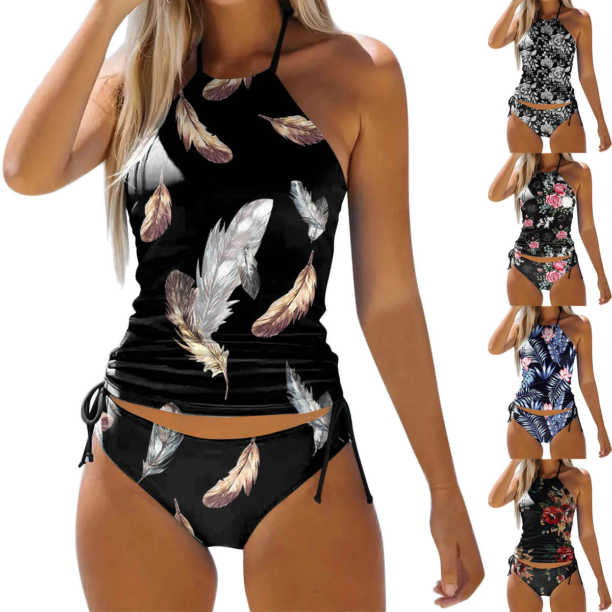 Feather Print Halter Neck Tankini Set with Side-Tie Detailing
