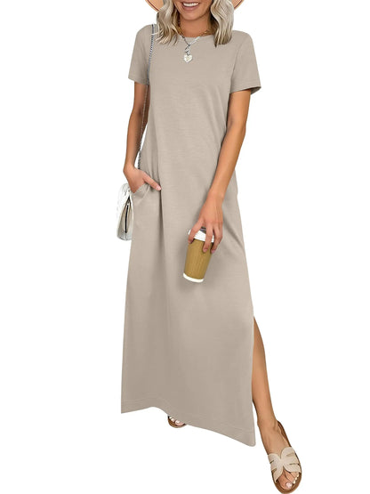 Relaxed Crew Neck Maxi Dress with Side Slits and Functional Pockets
