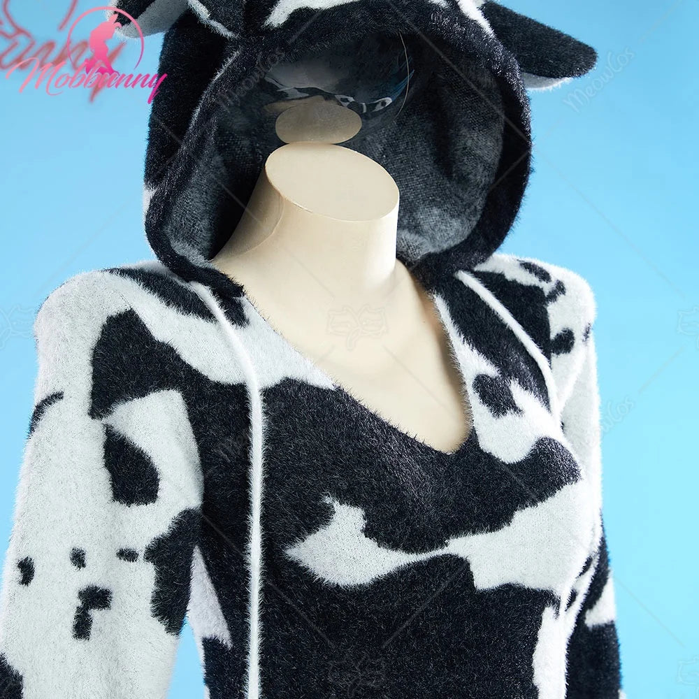 Women's Hooded Plush Zip-Up Bodysuit Romper with Animal Print Pattern and Soft Texture