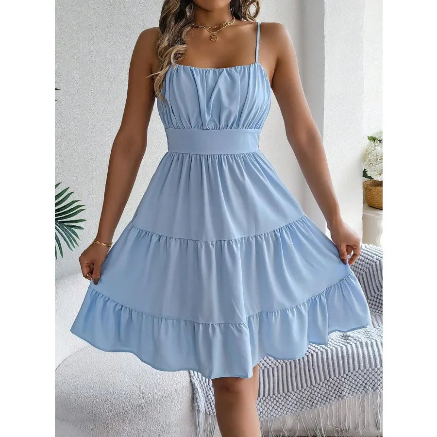 Ruched Strapless Tiered Mini Dress with Flowy Contemporary Summer Styling