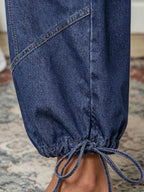 High Waist Parachute Denim Jeans with Wide Leg Cargo Style Drawstring Hem