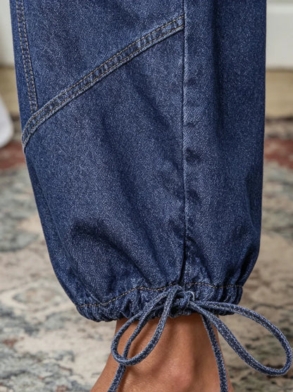 High Waist Parachute Denim Jeans with Wide Leg Cargo Style Drawstring Hem