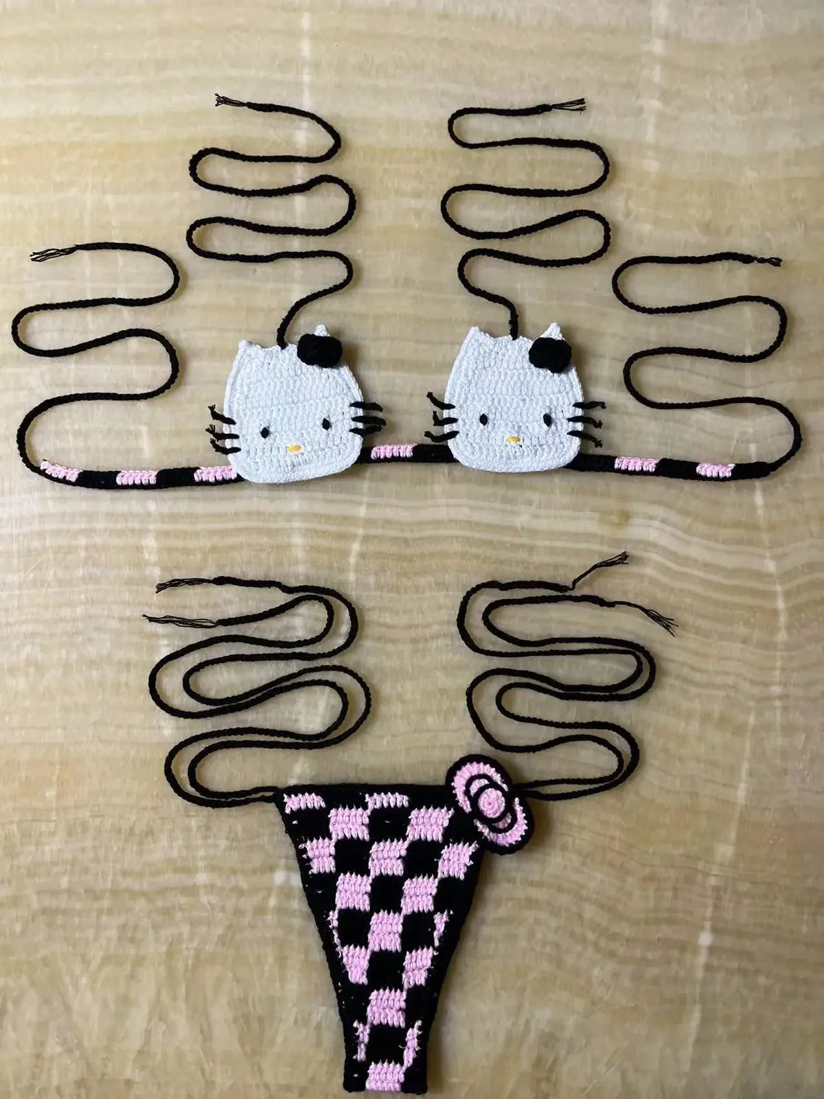 Hand-Crafted Crochet Halter Bikini Set with Whimsical Feline and Checkerboard Details
