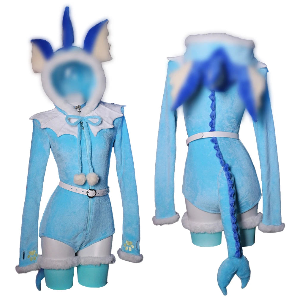 Women's Hooded Flannel Romper with Faux Tail, Belt and Coordinated Plush Accessories