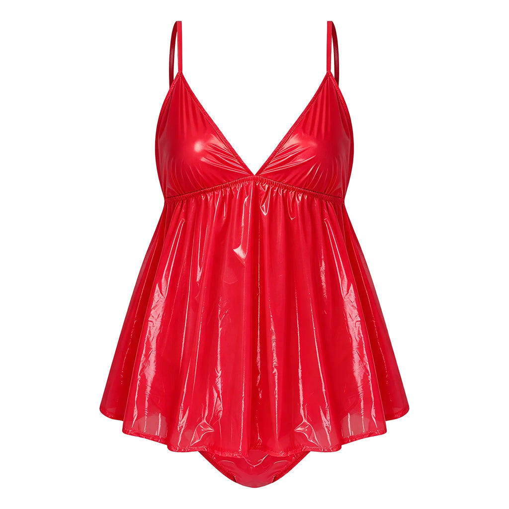 Sheer Mesh and Glossy Flared Babydoll Teddy with Built-In Briefs