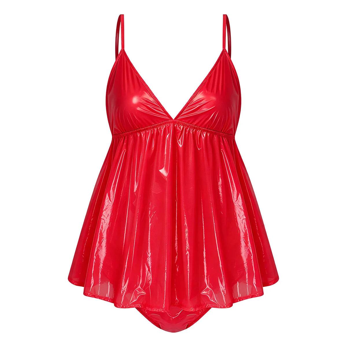 Sheer Mesh and Glossy Flared Babydoll Teddy with Built-In Briefs