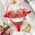Bold Red Sheer Mesh and Floral Petal Embroidered Lingerie Set