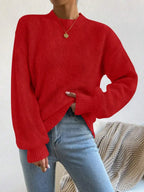 Women's Mock Neck Drop Shoulder Knit Sweater with Relaxed Oversized Silhouette