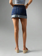 Low Rise Denim Mini Skirt with Folded Hem Pocket Detail Streetwear