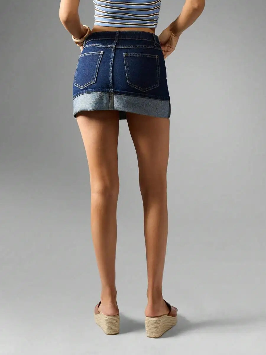 Low Rise Denim Mini Skirt with Folded Hem Pocket Detail Streetwear