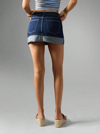 Low Rise Denim Mini Skirt with Folded Hem Pocket Detail Streetwear