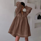 Relaxed Oversized V-Neck Smock Dress with Voluminous Sleeves and Lace Trim