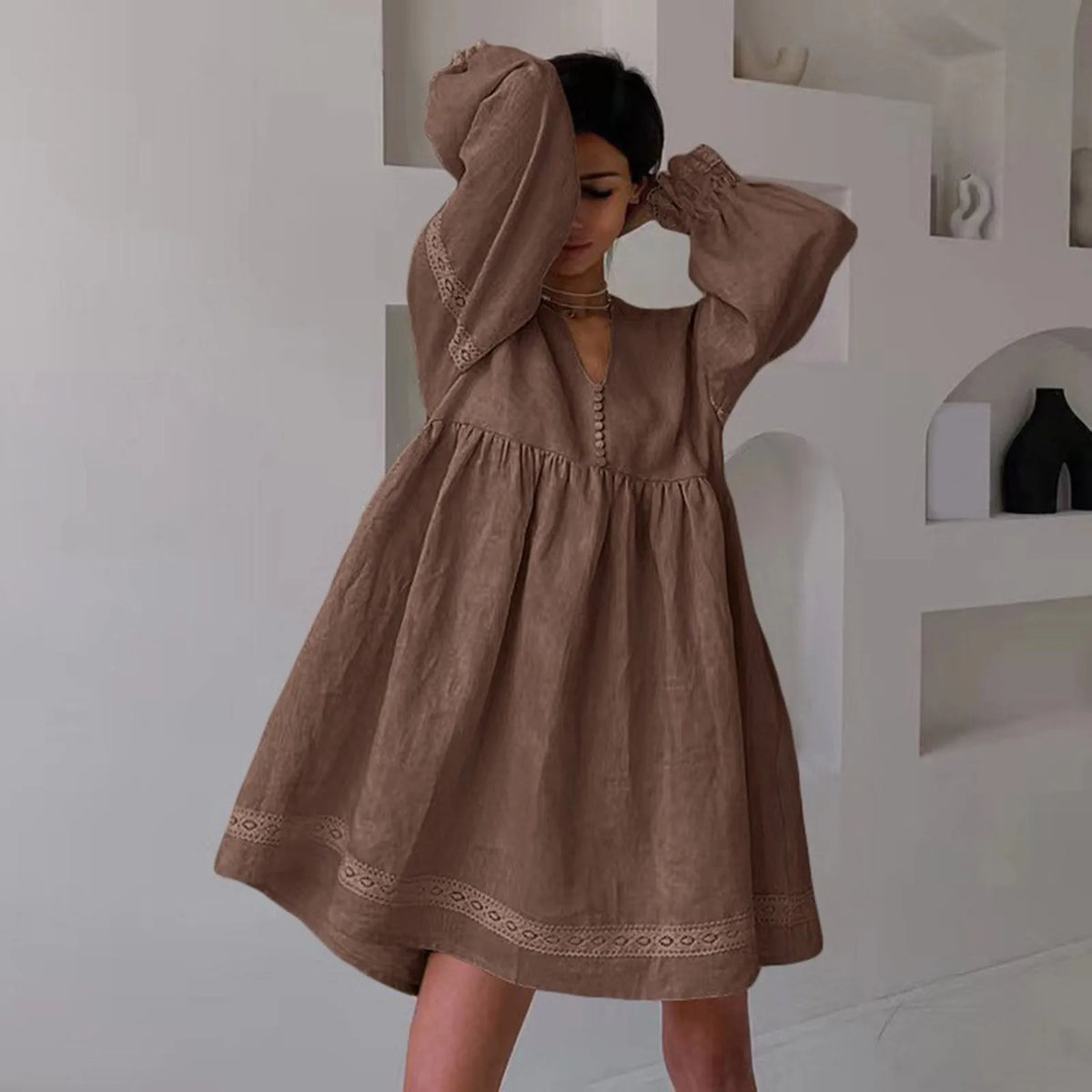 Relaxed Oversized V-Neck Smock Dress with Voluminous Sleeves and Lace Trim