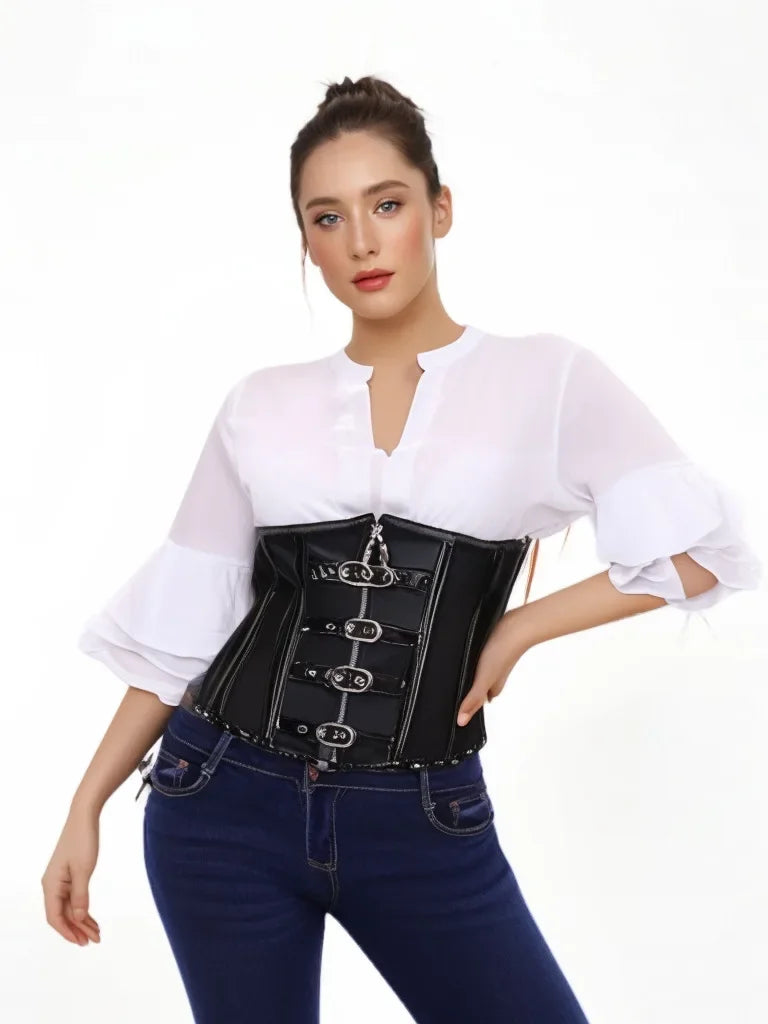 High-Shine Black Faux Leather Underbust Corset with Zipper and Buckles