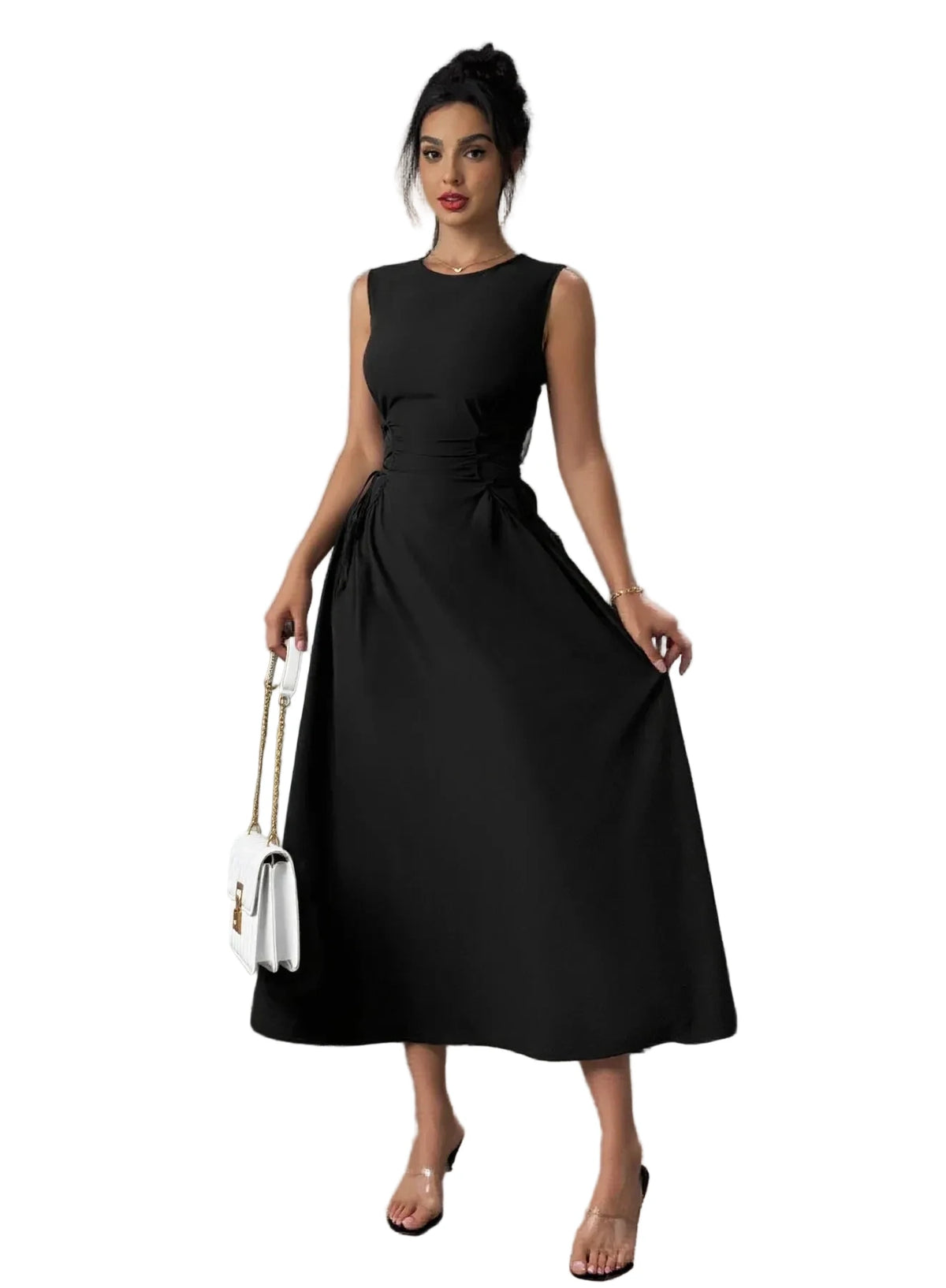 Minimalist Black Sleeveless A-Line Dress with Corset-Style Side Lacing Detail