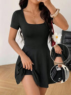 Square Neck Short Sleeve A-Line Mini Dress with Flared Skater Silhouette