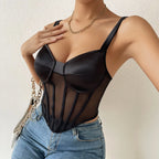 Sheer Mesh Bustier Corset Top with Structured Cups and Satin-Inspired Panels