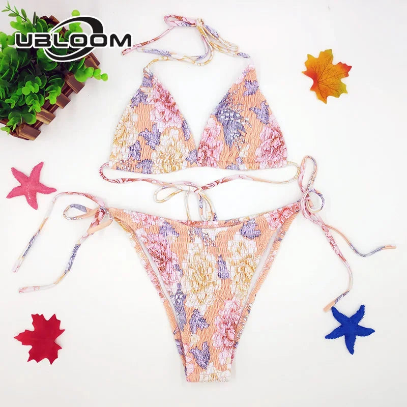 Vibrant Green Floral Underwire Bikini with Ruched Texture
